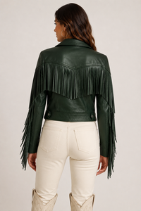 Men's Genuine Leather Fringe <b>Jacket</b> Forest Green <b>Western</b> Cropped Eco-Friendly Anti-UV Custom Logo OEM ODM Wholesale Bulk - Product Image 3
