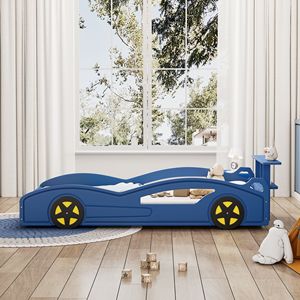 Letto a piattaforma per bambini a forma di auto da corsa blu e giallo in legno, con ruote, per ragazzi - Product Image 5