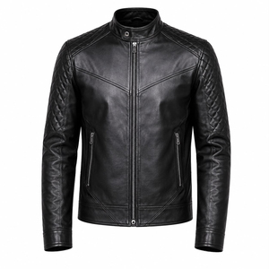 Blouson moto homme en cuir véritable noir, col montant, fermeture éclair avant, coupe ajustée, manches classiques, couleur unie, pour l'automne - Product Image 3