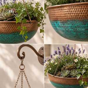 Moradaband Art Metal Ware – Pots de fleurs suspendus en fer durable, émaillés bleu sarcelle, minimalistes, circulaires, bicolores, pour l'extérieur - Product Image 6