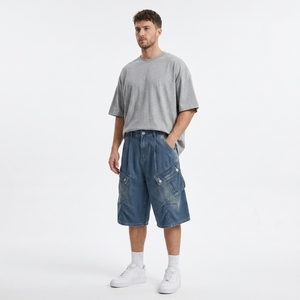 Shorts en jean unisexe OEM, coupe ample et décontractée, tissu délavé, style vintage streetwear, ourlet brut, taille mi-haute, poches amples, 100% denim - Product Image 3
