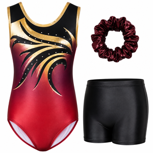 Girls Slim <b>Gymnastics</b> <b>Leotard</b> <b>Shorts</b> Set Sleeveless Scrunchie Printed Gradient Red Black Gold Rhinestone Mid-Waisted Lightweight - Product Image 5