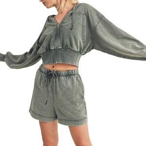 Ensemble sweat à capuche court et short pour femme, taille plus, vintage, en coton délavé à l'acide, avec fermeture éclair, logo personnalisé, respirant, hiver 2026 - Product Image 3