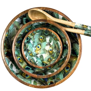Bol en bois écologique avec motif plume de paon, décoration bohème, bol de service pour la présentation des aliments, idéal pour offrir au meilleur prix - Product Image 3