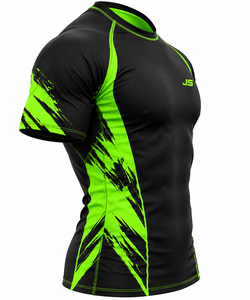 JS <b>Men's</b> Black Green Digital Print Custom Logo Front MMA Rash Guard Compression Shirt <b>Shorts</b> Set Fitted Moisture Wicking - Product Image 2