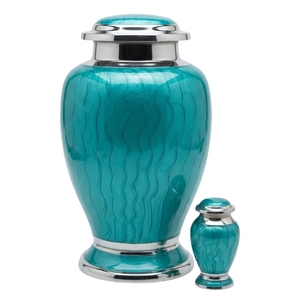 Handcrafted <b>Emerald</b> <b>Green</b> Adult Cremation Vessel – <b>Decorative</b> Metal Memorial Urn with Ocean Wave Pattern & Silver Accent Bands - Product Image 4