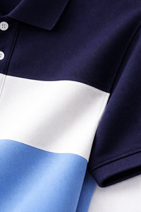 เสื้อโปโลผู้ชายสีสันตัดกัน ผ้าฝ้าย แขนสั้น สไตล์ลำลอง เสื้อยืดกอล์ฟ |   แผงดีไซน์สีน้ำเงินขาวกรมท่า แบบ OEM ขายส่ง - Product Image 5