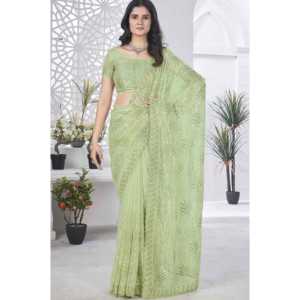 Sari Largo de Seda para Mujer, Diseño de RV Creation, para Fiestas, con Bordado de Hilo Rosa, Aspecto Elegante - Product Image 3