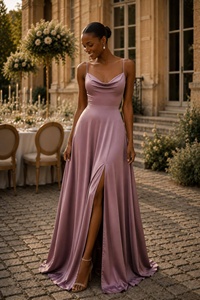 Elegant Satin Backless Floor-Length <b>Dress</b> With Bow Detail Spaghetti <b>Strap</b> Sheath Style Formal Occasion Wear For Women - Product Image 2