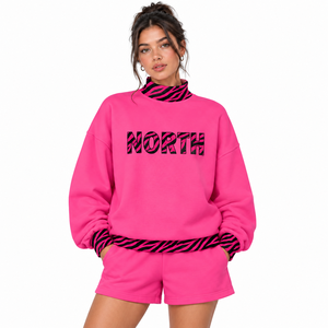 <b>Women</b> Pink Oversized Mockneck Sweatshirt and <b>Shorts</b> Set <b>Long</b> Sleeve Letter Print Camo Trim Casual 2 Piece Outfit For <b>Women</b> - Product Image 5