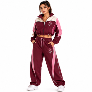 Ensemble coupe-vent personnalisé Nouveau modèle Bloc de couleurs tendance Haut zippé Pantalon large Logo personnalisé Mode active - Product Image 2