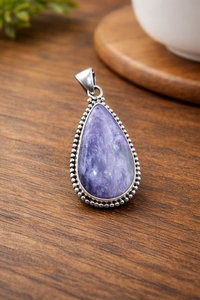 <b>Top</b> Quality Charoite Gemstone 925 Sterling Silver Pendant Teardrop Handmade Beaded Frame <b>Rose</b> Gold Yellow Gold Plated Jewelry - Product Image 5
