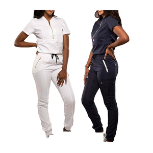 Ensemble de blouses médicales haut de gamme pour femmes, blanc et bleu marine, col en V, manches courtes, pantalon uniforme, tenue d'hôpital, coton et polyester tissé - Product Image 1