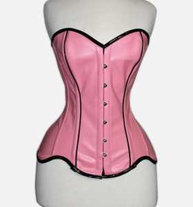 Pink Faux Leather Corset <b>Women's</b> Firm Control Shapewear With Hook-and-Eye Closure Over Bust Front Black Piping Steel Boned - Product Image 1