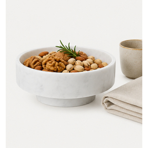 Bol sur piédestal en marbre blanc de luxe moderne personnalisable, bol à fruits en pierre naturelle sur pied, centre de table pour la décoration d'hôtels et de mariages - Product Image 4