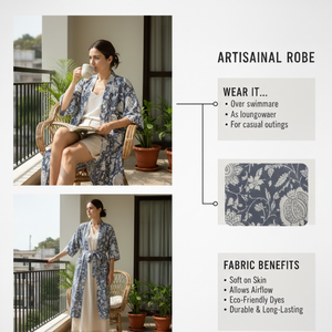 Robe Kimono en Coton Imprimé Floral Gris Faite à la Main pour Femme, Col en V, Manches Longues, Longueur Maxi, 2 Poches Avant, Nuisette Dori - Product Image 6