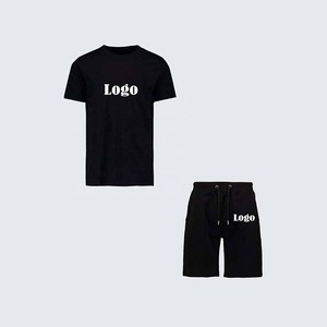 ชุดเสื้อยืดและกางเกงขาสั้นสีดำสำหรับผู้ชาย ผ้าเทอร์รี่ แห้งเร็ว สไตล์ไฮสตรีท โพลีเอสเตอร์/คอตตอน ชุดฤดูใบไม้ผลิ โลโก้ด้านหน้า - Product Image 1
