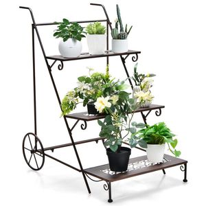 Support à plantes en métal à 3 niveaux avec roulettes et poignée pour meubles de balcon et de terrasse - Product Image 3