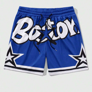 Short de plage en toile tricotée à cordon de serrage, imprimé lettres et étoiles, style décontracté et tendance, ample, pour sports de plein air, pour homme, été, bleu - Product Image 2