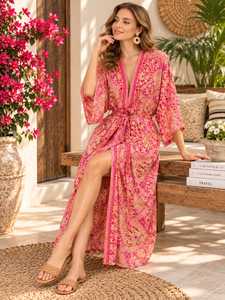 Robe longue décontractée d'été pour femme à imprimé cachemire, col en V, manches trois quarts, avec cordon de serrage - Product Image 3
