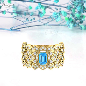 Anillo Art Deco con Topacio Azul Suizo y Diamantes Genuinos de 6x4mm, con Oro Sólido de 14k, Anillo Clásico de Chordia Jewels - Product Image 1
