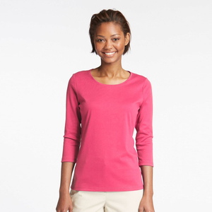 Camiseta de Punto para Mujer, Color Rosa, Manga Tres Cuartos, Cuello Redondo, Corte Regular, 100% Algodón, Transpirable, Color Sólido, para Todas las Temporadas - Product Image 3