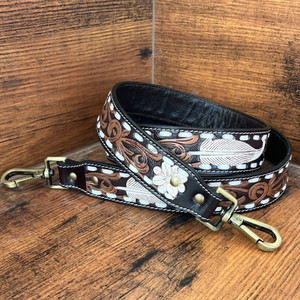 Plume Whipstitch usinée à la main 1.5 "bandoulière en cuir véritable Western Floral remplacement sac sangle avec boutons-pression en laiton antique - Product Image 2