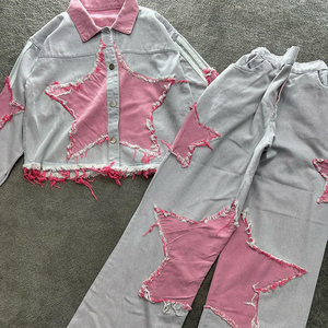 Unisex Streetwear Denim Tracksuit Set Green Star <b>Patchwork</b> <b>Jacket</b> Pants Full Sleeve Regular Fit Autumn Casual Wear Eco-Friendly - Product Image 4