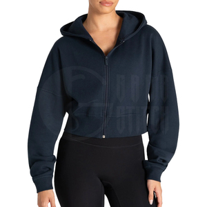 <b>Zip</b> <b>up</b> Women's Winter Front Logo Fleece Crop Hoodie with Pockets Polyester Cotton Hooded Sweatshirt - Product Image 1