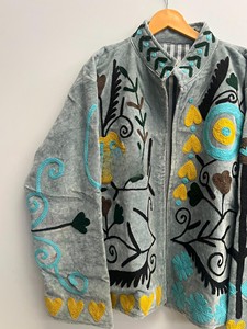 Handcrafted Grey Velvet <b>Jacket</b> with Vibrant Suzani Embroidery and Boho-Chic Tribal Versatile <b>Jacket</b> <b>Mandarin</b> <b>Collar</b> <b>Jacket</b> - Product Image 3