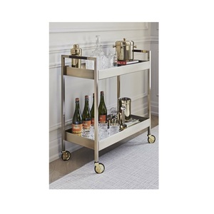 2 Tier Rectangular Brass Bar Cart with Deep Box Shelves Luxury Wine <b>Serving</b> <b>Trolley</b> on Wheels with Brushed Stainless Steel Frame - Product Image 3