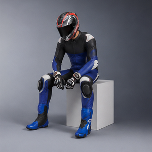 Combinaison de moto homme en PU bleu-noir, col ras du cou, fermeture éclair, coupe ajustée, style motard, imperméable, logo frontal discret, pour l'hiver - Product Image 6