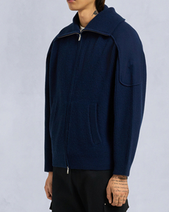 Pull en laine bleu marine pour homme, col châle zippé, coupe classique, veste d'hiver décontractée avec poches - Product Image 2