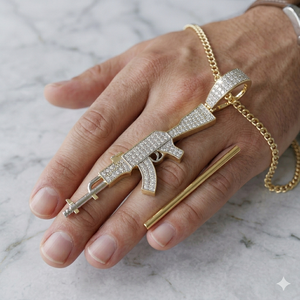 Unisex 10K Gold Vintage Trendy Hip Hop Custom Chunky Minimalist Iced Pistol Gun Brilliant Cut Natural Diamond Fine Jewelry Gift - Product Image 5