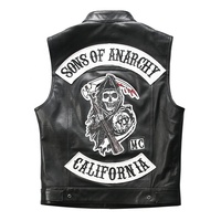 Gilet de motard en cuir véritable noir style club avec patchs, prêt à l'emploi, pour homme, OEM