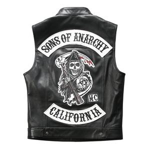 Gilet de motard en cuir véritable noir style club avec patchs, prêt à l'emploi, pour homme, OEM - Product Image 1