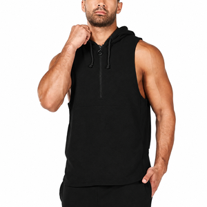 Custom Logo Men Running Sport Gym Breathable Knitted Hooded Hoodie Lightweight Cotton Sleeveless <b>Zip</b> Hoody Gym Tank Top Men - Product Image 1