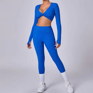 Ensemble de leggings et soutien-gorge de sport personnalisé, respirant, extensible dans quatre directions, en Spandex/Nylon, taille haute avec cordon de serrage, effet froncé, pour l'entraînement et le yoga - Product Image 1