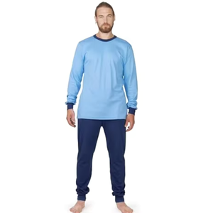 Ensemble de pyjama pour homme à manches longues, bleu uni, en coton tricoté, vêtements de nuit décontractés, pantalon de jogging pour la maison, saison printemps - Product Image 4