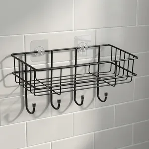 Estante de Almacenamiento de Hierro con 4 Ganchos, Organizador de Pared para Baño y Cocina, Estante de Almacenamiento de Metal Negro para Decoración del Hogar - Product Image 6
