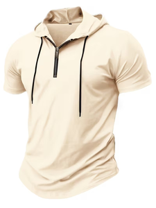 T-shirt à manches courtes à capuche pour homme, couleur unie, tricoté, coupe classique, style décontracté, beige, fermeture éclair sur le devant, écologique, respirant - Product Image 4