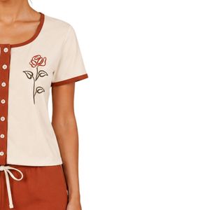 White And Rust Women Two Piece Shorts Set Round Neck Button <b>Top</b> Rose Embroidery Casual Summer Cotton Lounge Wear Outfit OEM - Product Image 4