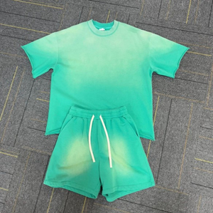 เสื้อยืดและกางเกงขาสั้นผ้าคอตตอนหนาน้ำหนักมาก ชุดเซ็ตฤดูร้อนสำหรับผู้ชาย สไตล์วินเทจลายกราฟิกโลโก้แบบกำหนดเอง ชุด 2 ชิ้น สตรีทแวร์ - Product Image 5