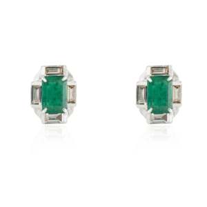 18K White Gold Baguette Cut Diamond Halo <b>Emerald</b> <b>Stud</b> Earrings - Product Image 3