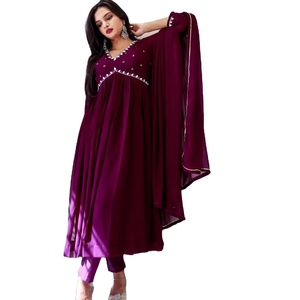 Hot Selling Heavy Quality Georgette Embroidery Exclusive Trendy V Neck Full Sleeve Pattern Indian Traditional Viscose <b>Kurtis</b> for - Product Image 1