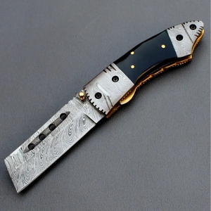 Cuchillo de Bolsillo Abatible de Acero de Damasco Multifuncional Hecho a Mano Personalizado OEM Burraq de 8 Pulgadas con Funda de Cuero - Product Image 3