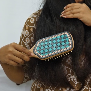 Wooden Hairbrush With <b>Leather</b> Inlay Geometric Pattern <b>Rivet</b> Detail Handle wooden hairbrush Handmade Geometric pattern - Product Image 2