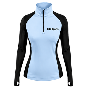 Women Quarter Zip Athletic <b>Top</b> Baby Blue Long Sleeve Fitted Sports Training Shirt High Collar <b>Thumbhole</b> Performance Activewear - Product Image 1