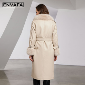 New Women Winter Faux <b>Fur</b> Trimmed PU Leather Eco-Friendly Thick Double Breasted Long Jacket Warm Fashion Outerwear OEM ODM - Product Image 2