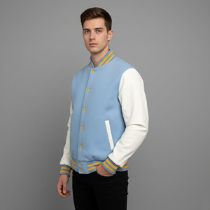 Veste universitaire pour homme, violette et crème, avec fermeture boutonnée, coupe classique, style décontracté, col montant, couleur unie, doublure en coton - Product Image 1